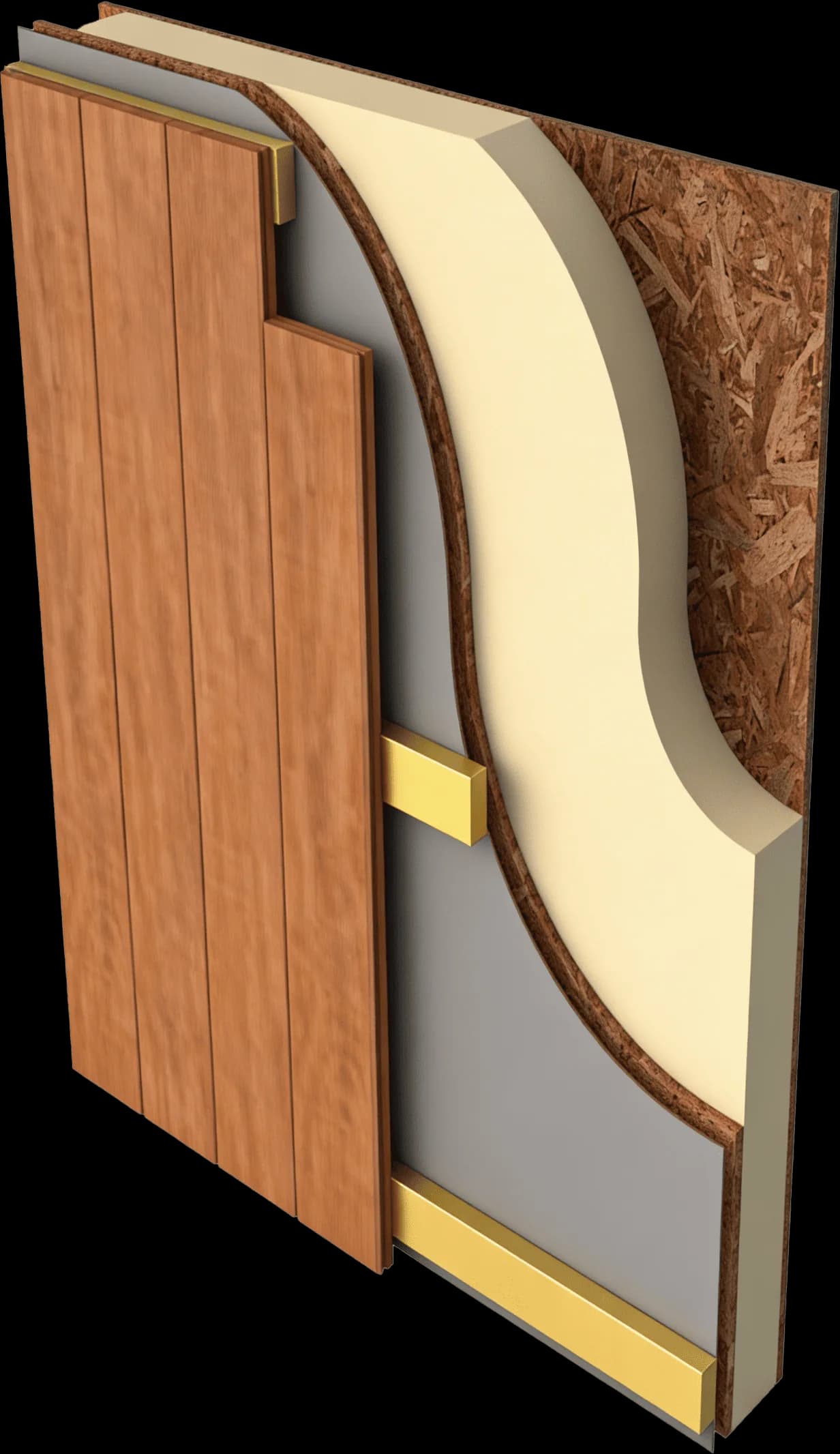 Cutaway of a structural insulated panel showing cladding, insulation core and OSB layers