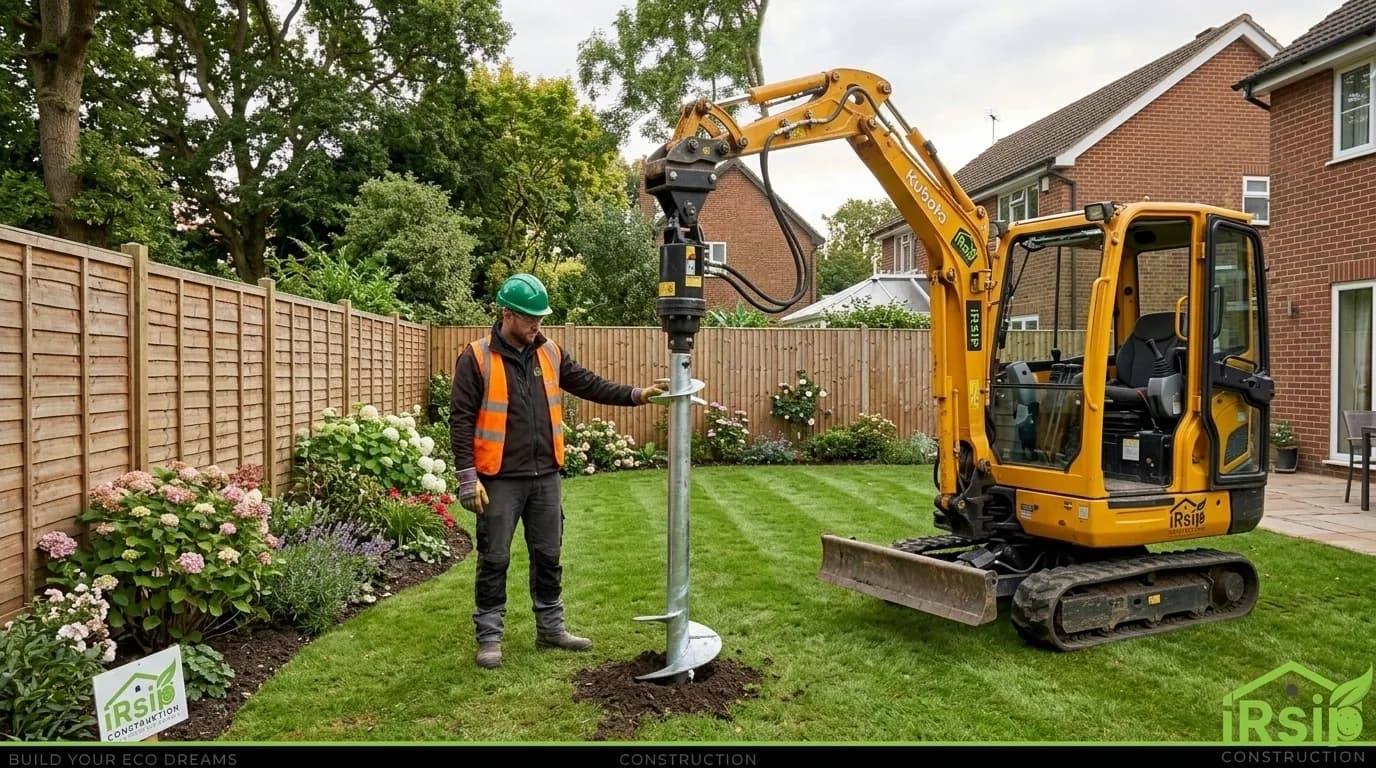 Engineer checking a screw pile during a garden room installation