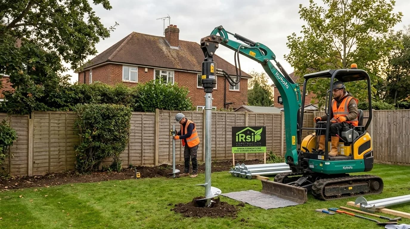 Mini excavator rotating a helical pile into a garden lawn
