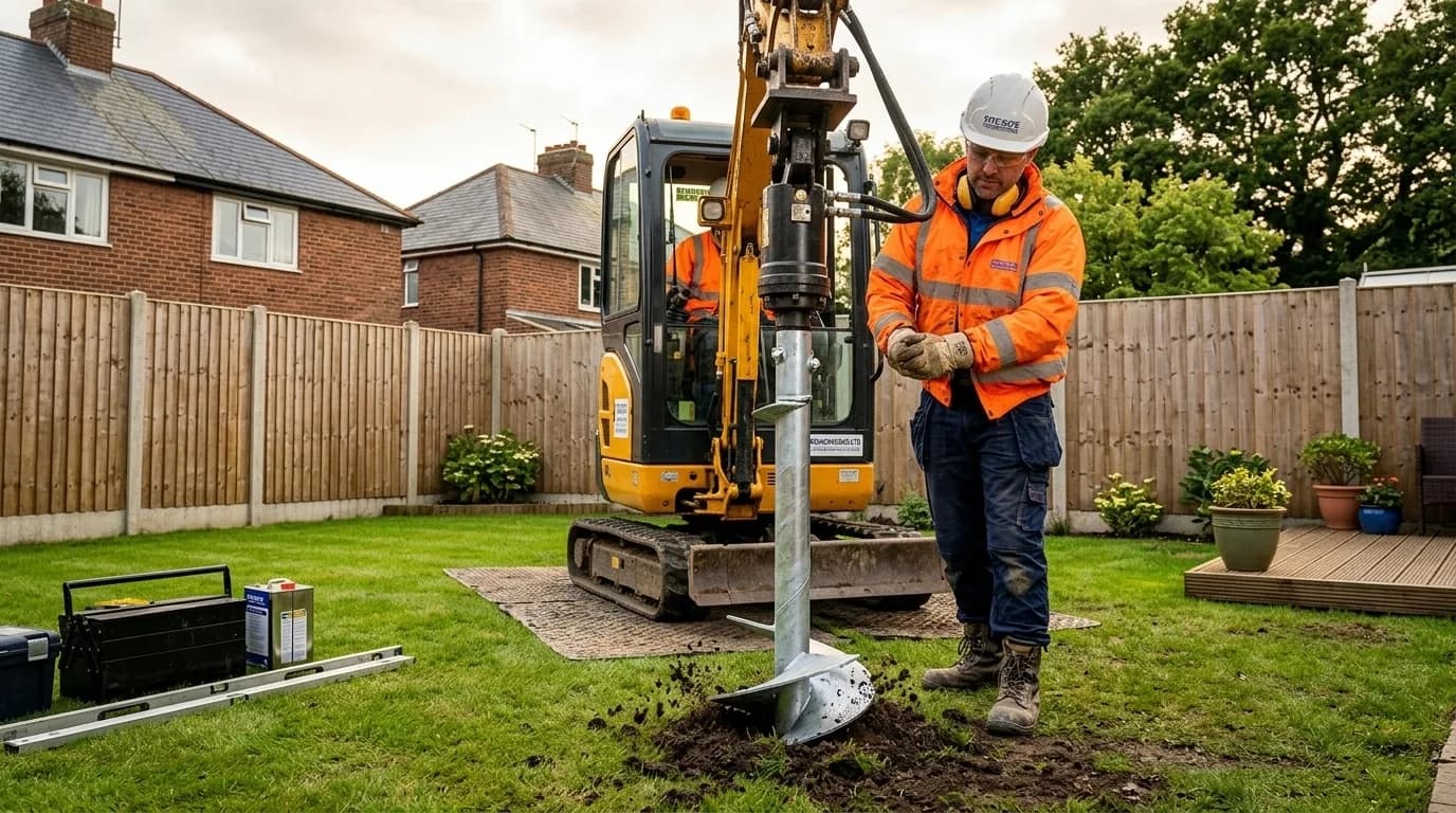 Engineer installing a galvanised steel screw pile foundation in a back garden