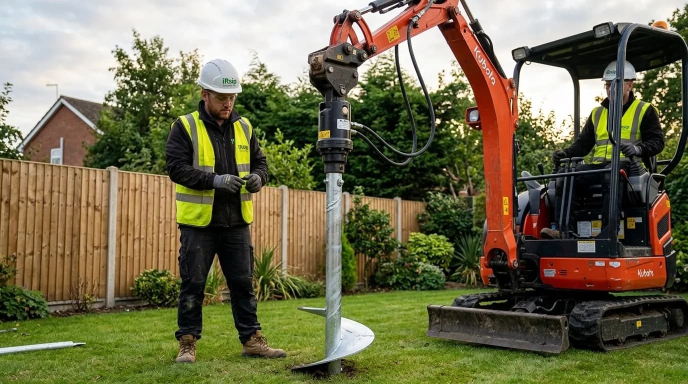 Irsip Construction team installing screw pile foundations for a garden room