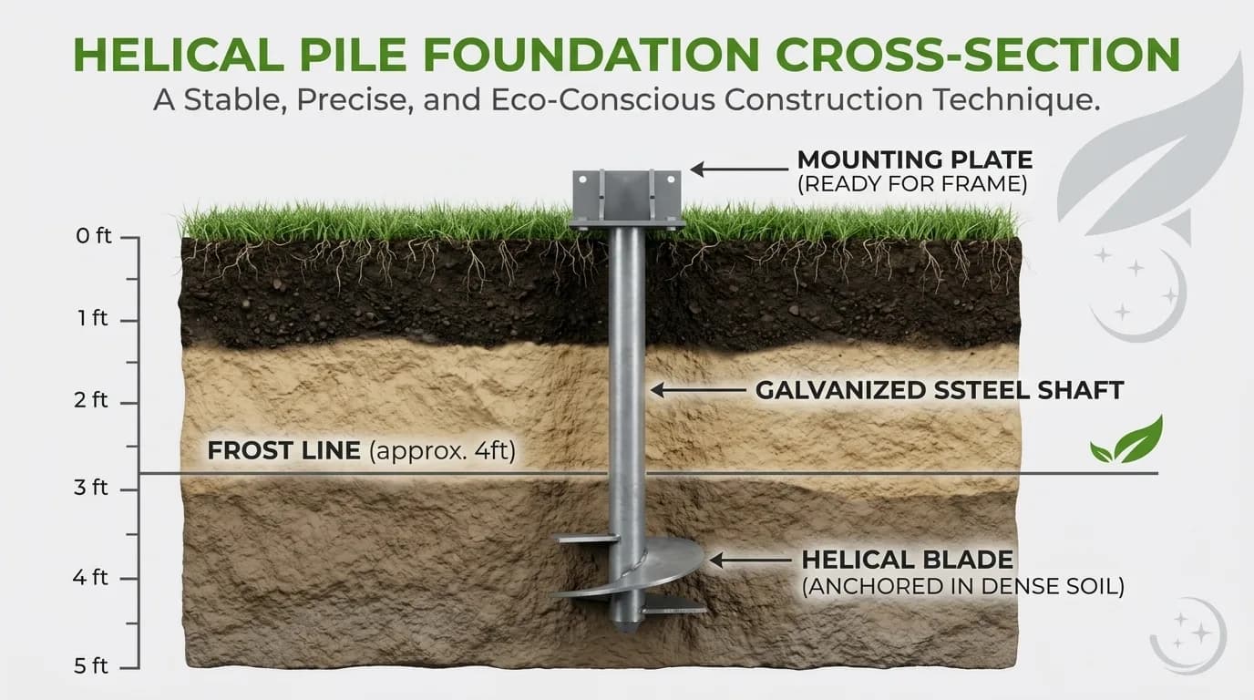 Helical pile foundation cross-section diagram showing the galvanised shaft and blade below the frost line