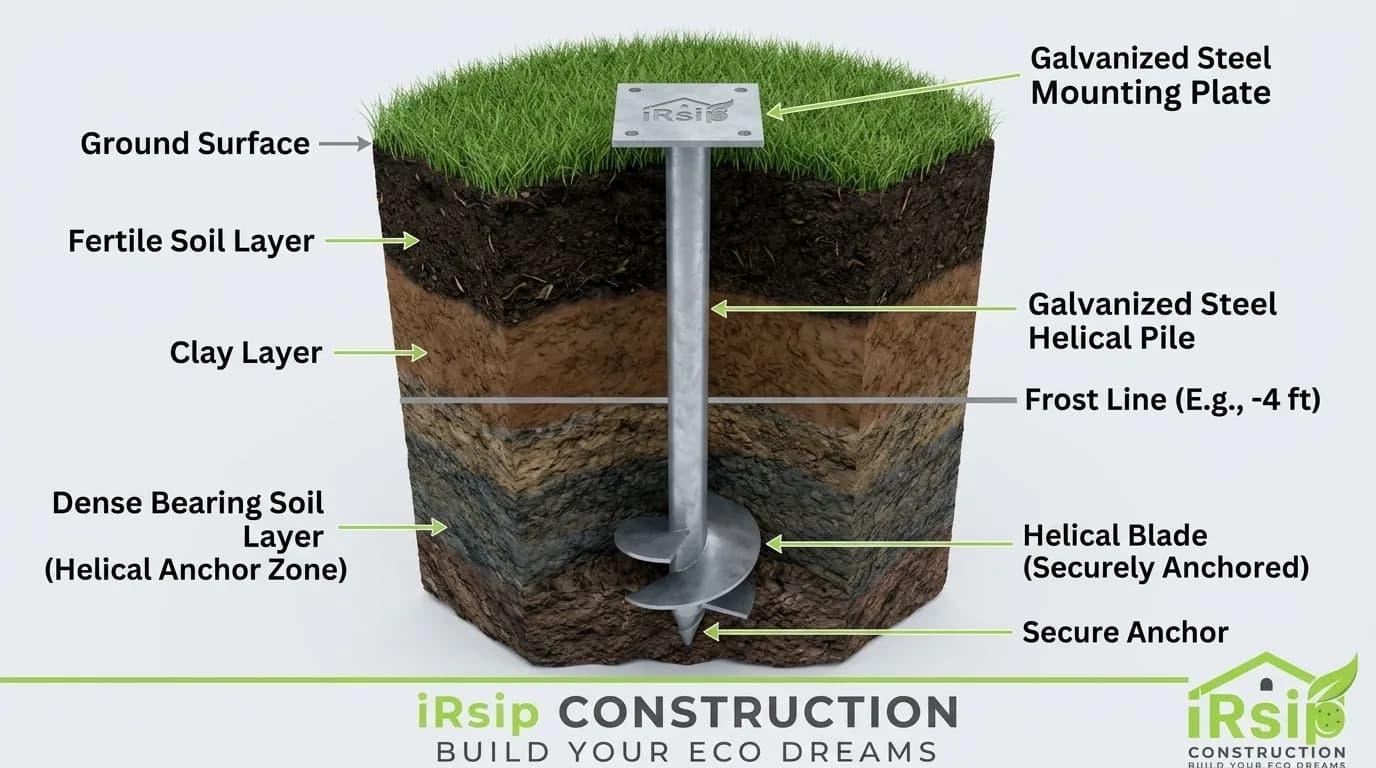 Cutaway illustration of a galvanised screw pile anchored in dense soil