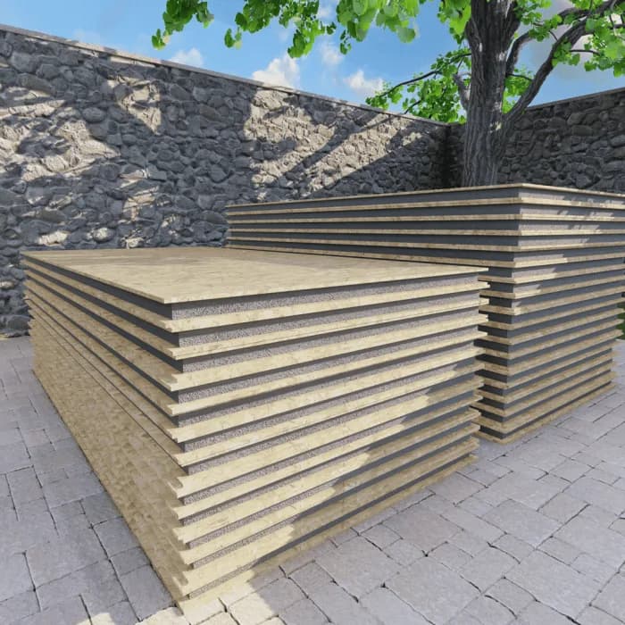 Stacks of heavy-duty structural SIP panels with 15mm OSB facings