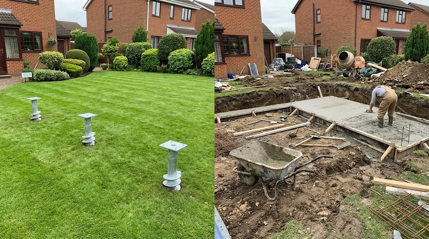 Side-by-side comparison of screw pile and concrete foundation methods