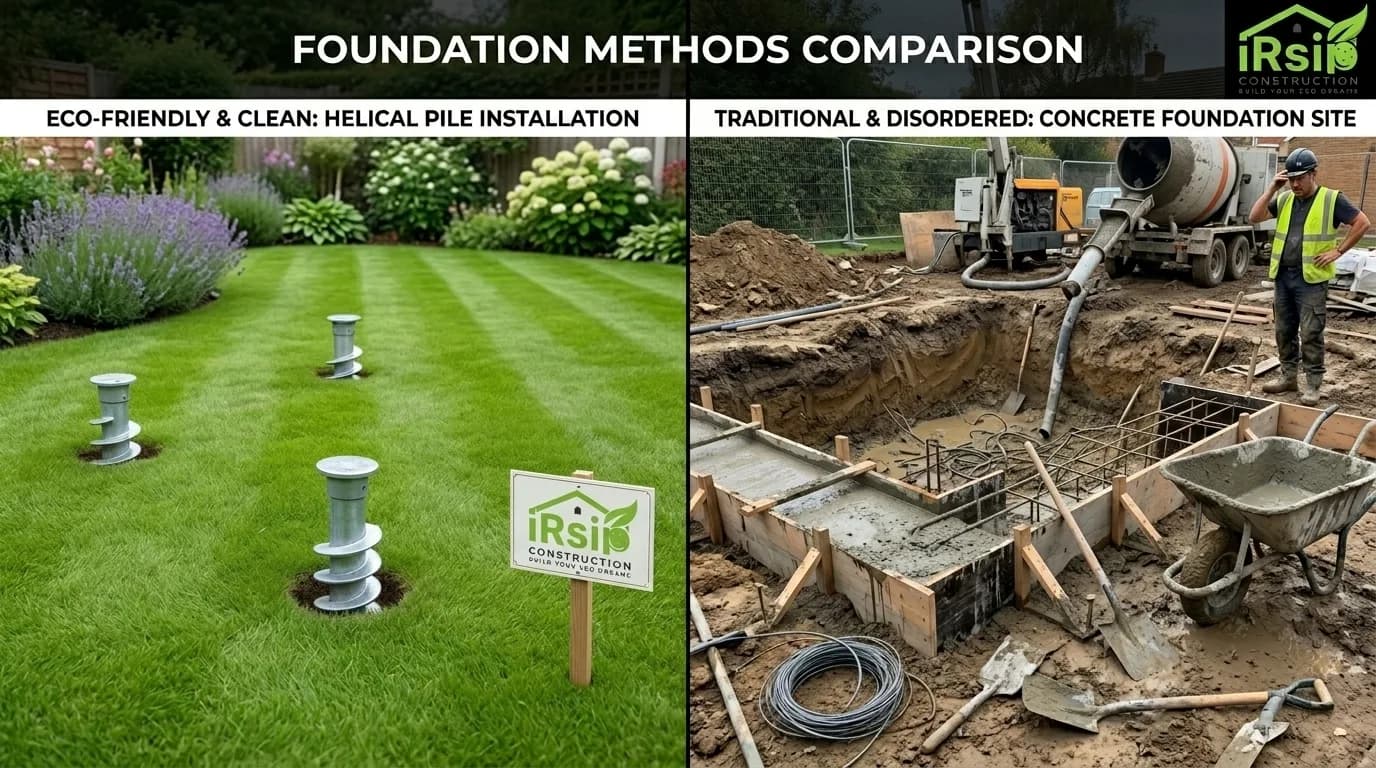 Clean screw pile installation next to a disruptive concrete foundation dig