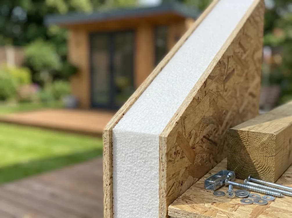 Cut-away SIP panel corner with insulated core, OSB skins and fixings in front of a garden room
