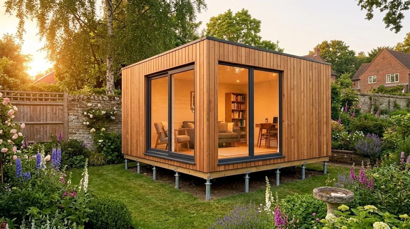 SIP garden room installed on galvanised ground screw foundations
