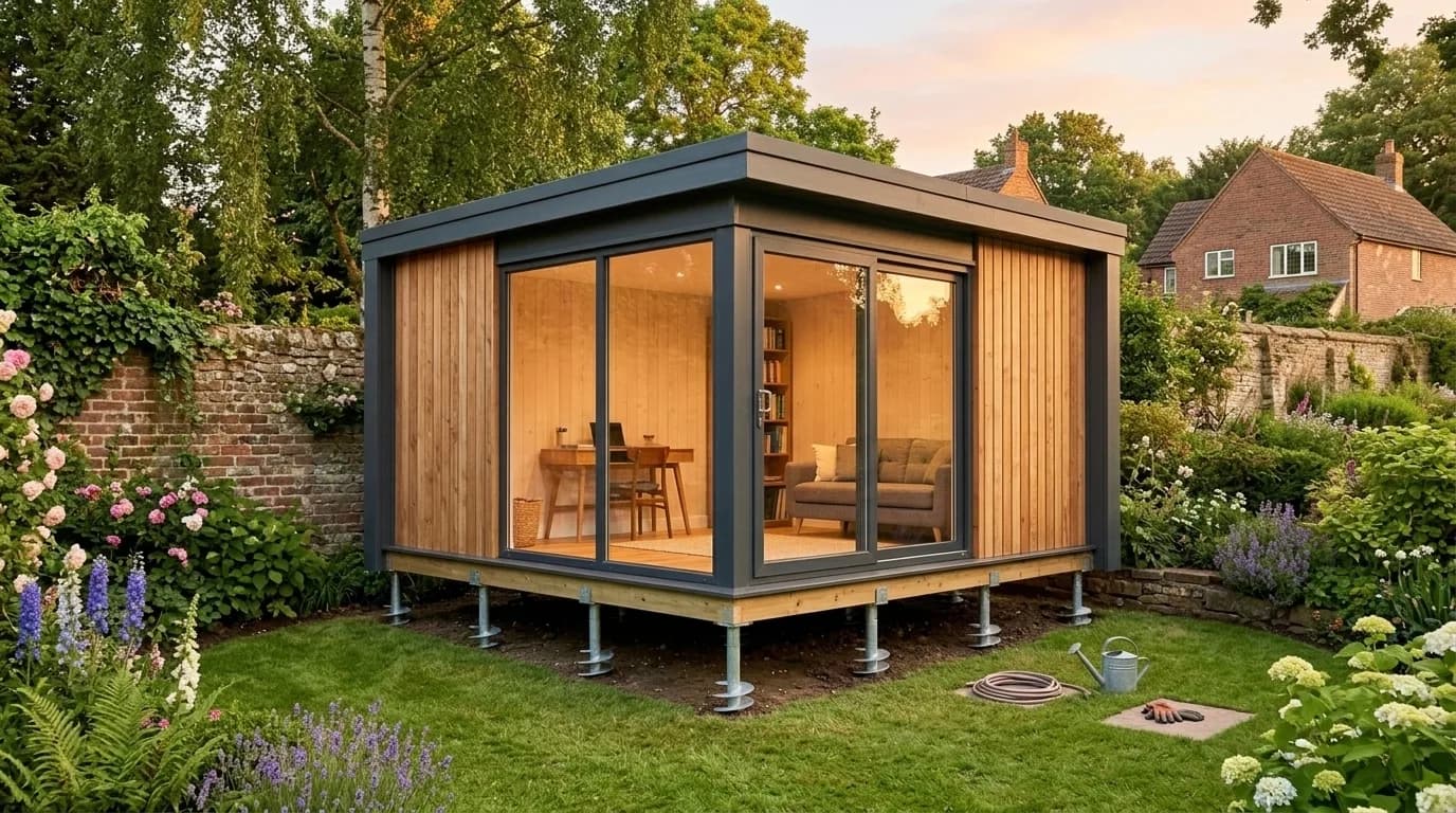 Modern garden office resting on screw pile foundation posts