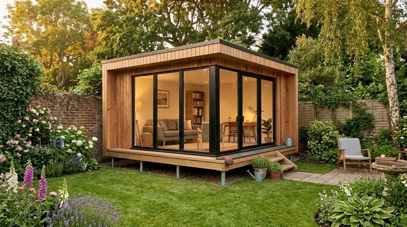 Garden room in an English garden at dusk