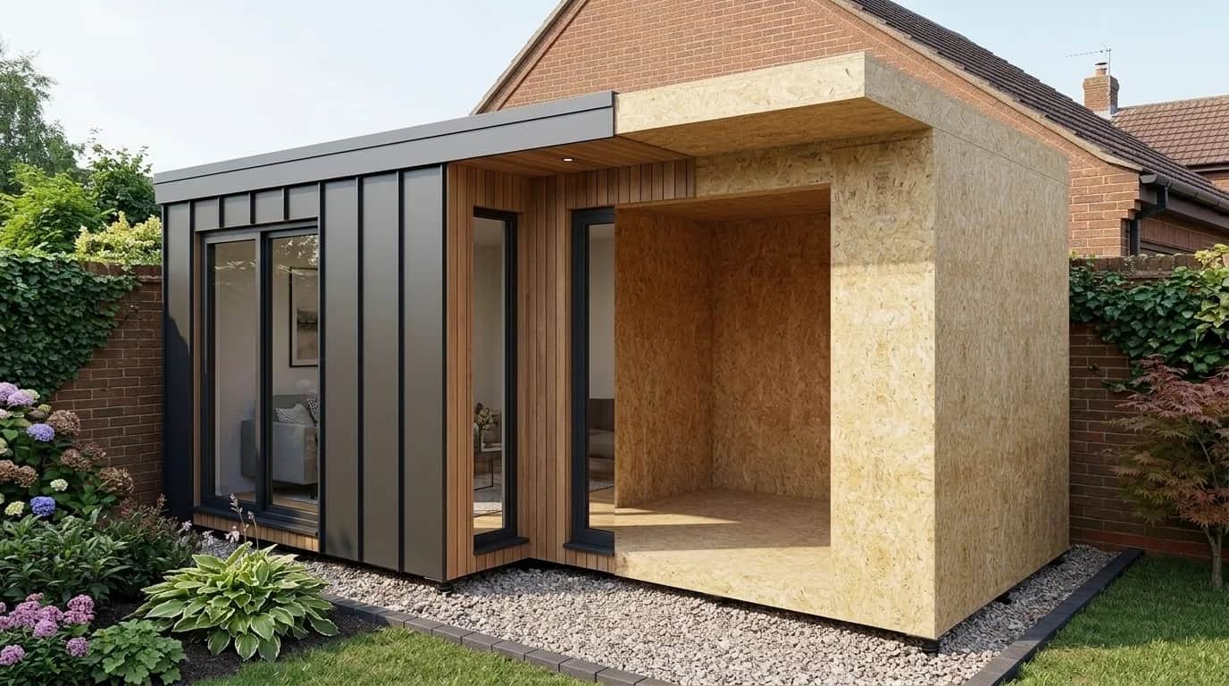 SIP garden room kit: OSB shell transitioning into a finished cedar-clad garden room