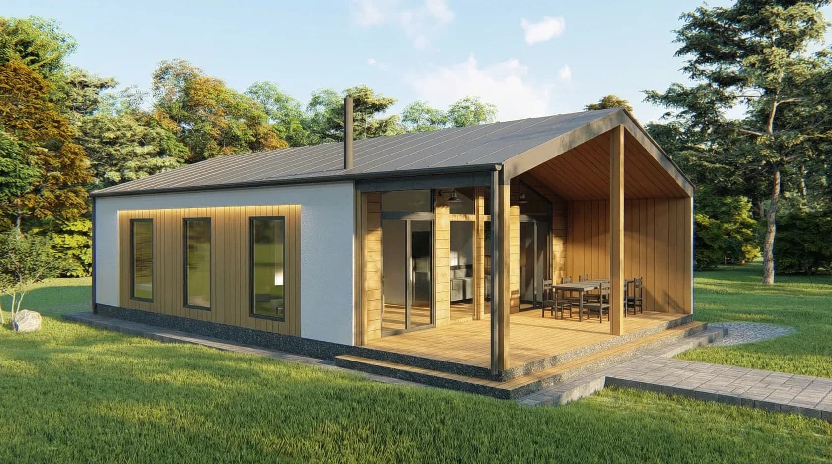 Timber-clad SIP garden room by Irsip Construction at dusk