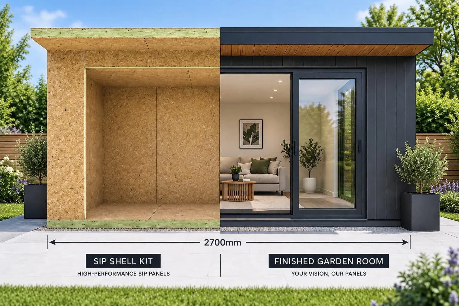 SIP garden room shown half as a SIP shell kit and half as a finished garden room with sliding glass doors (IRSIP Garden Room 1)