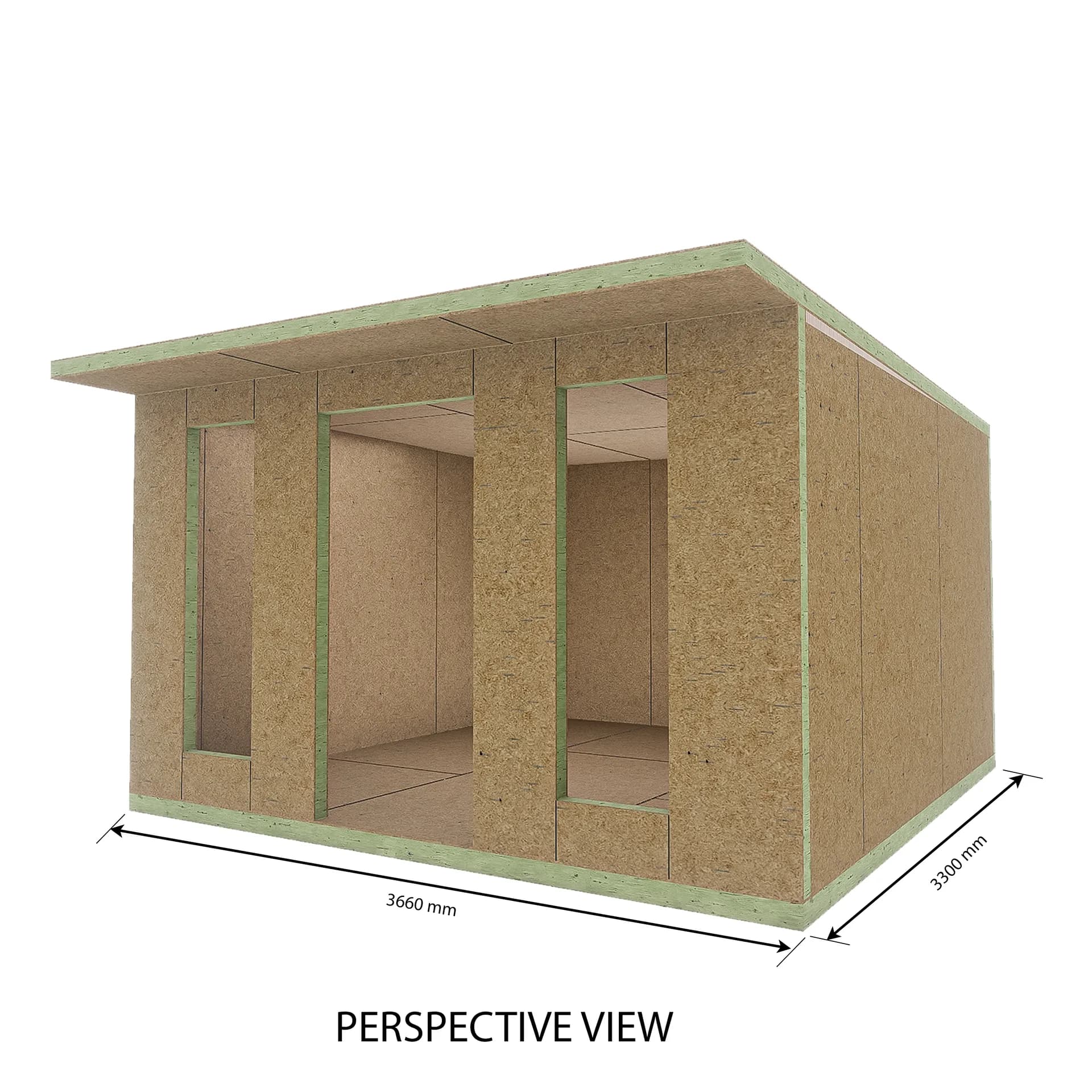 Garden Room 11 — 3.66m × 3.30m SIP garden room kit, perspective view