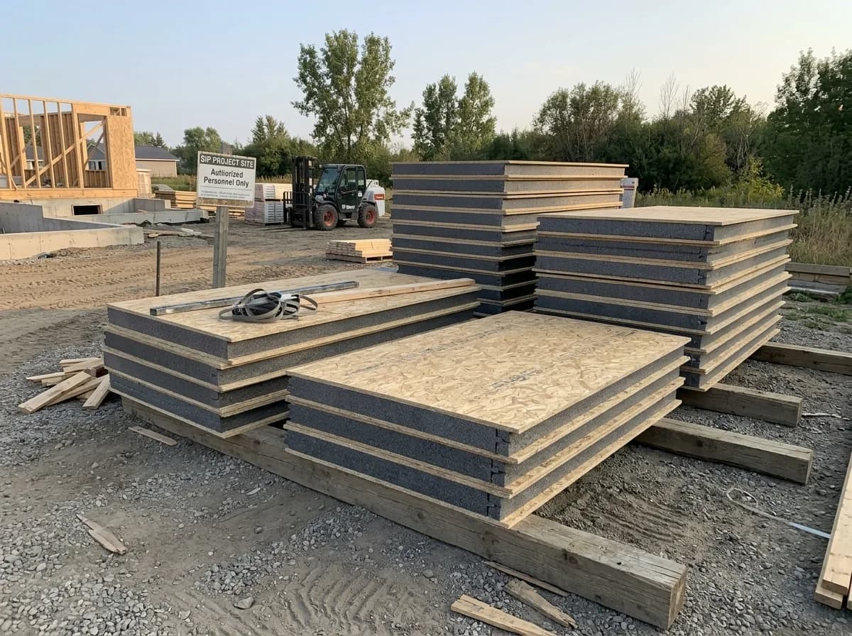 Stacks of heavy-duty structural SIP panels with 15mm OSB facings