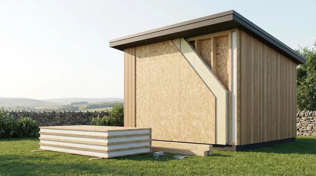 Stack of structural insulated panels beside a SIP garden room under construction