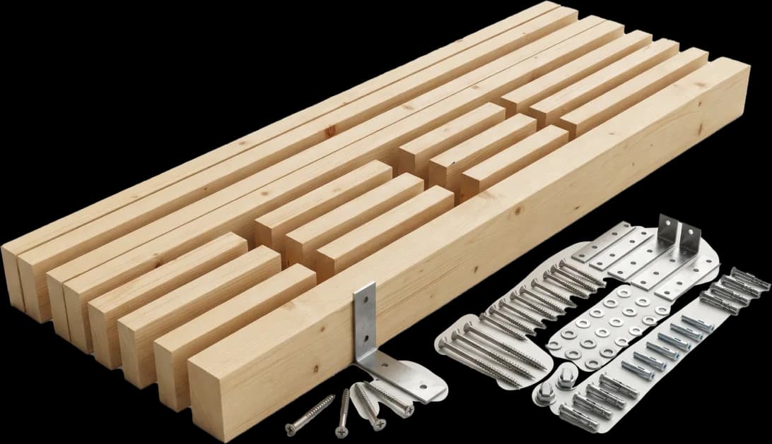Structural timber lengths with brackets, screws and fixings