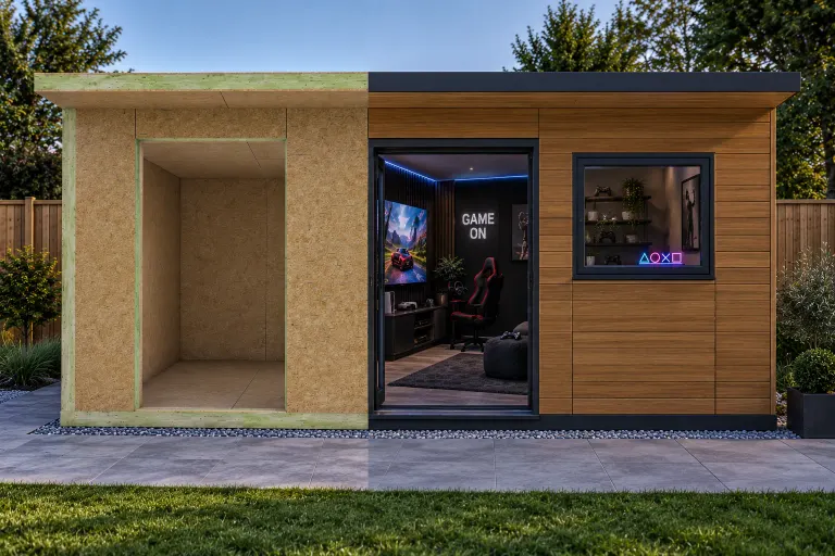 SIP garden room games room — half SIP shell kit, half finished garden room (IRSIP Garden Room 10, 3.66m × 3.85m)