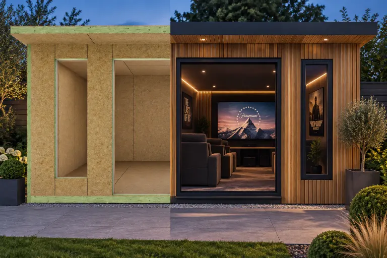 SIP garden room cinema room — half SIP shell kit, half finished garden room (IRSIP Garden Room 11, 3.66m × 3.30m)