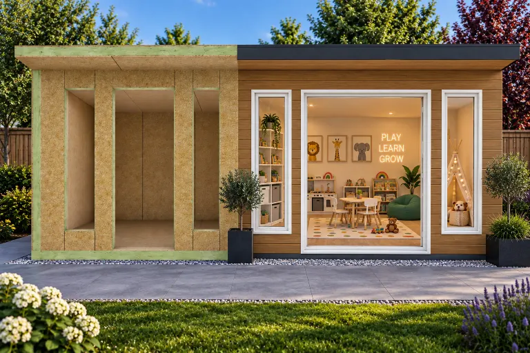 SIP garden room children's playroom — half SIP shell kit, half finished garden room (IRSIP Garden Room 12, 3.66m × 3.30m)