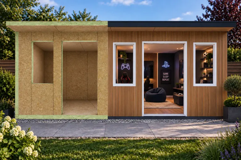 SIP garden room teenager's den — half SIP shell kit, half finished garden room (IRSIP Garden Room 13, 4.88m × 3.05m)