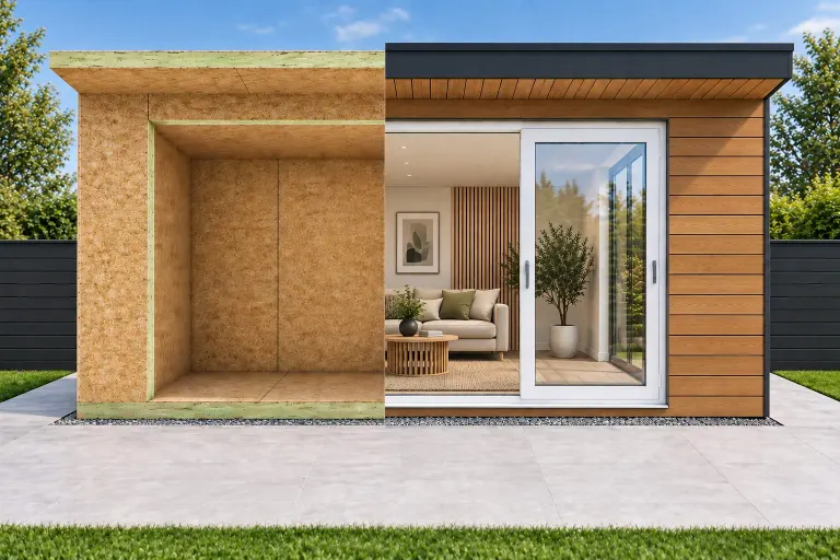 SIP garden room garden studio — half SIP shell kit, half finished garden room (IRSIP Garden Room 2, 2.70m × 2.63m)