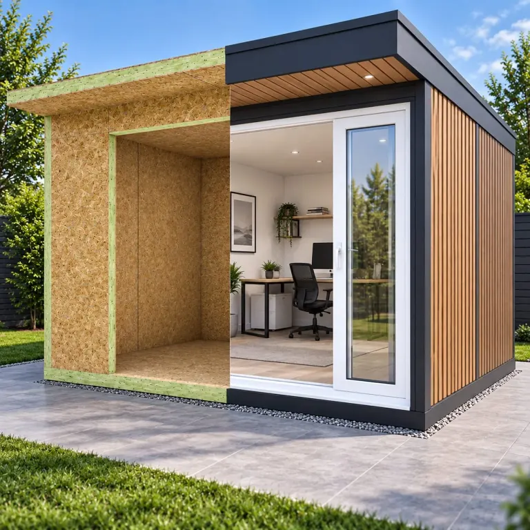 SIP garden room home office — half SIP shell kit, half finished garden room (IRSIP Garden Room 3, 3.66m × 2.63m)
