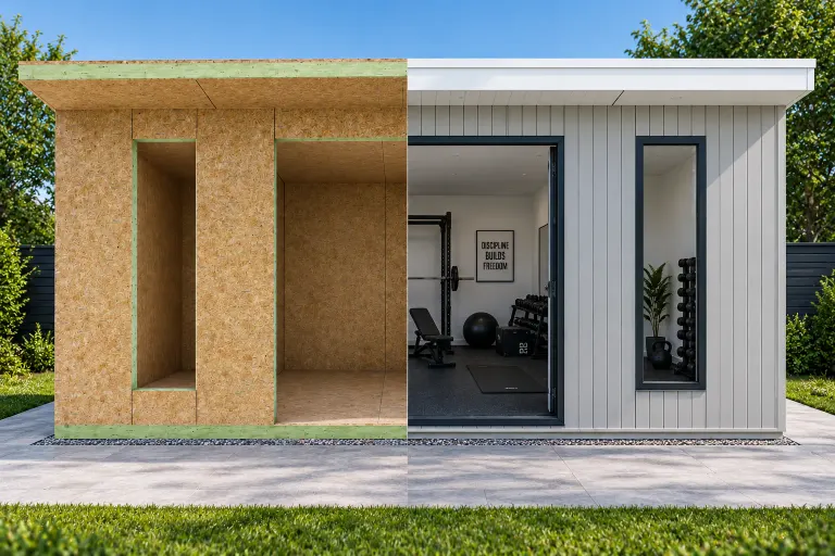 SIP garden room home gym — half SIP shell kit, half finished garden room (IRSIP Garden Room 4, 4.88m × 3.05m)