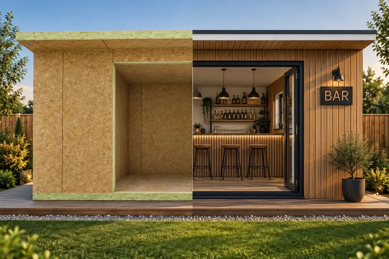 SIP garden room garden bar — half SIP shell kit, half finished garden room (IRSIP Garden Room 5, 4.50m × 3.05m)
