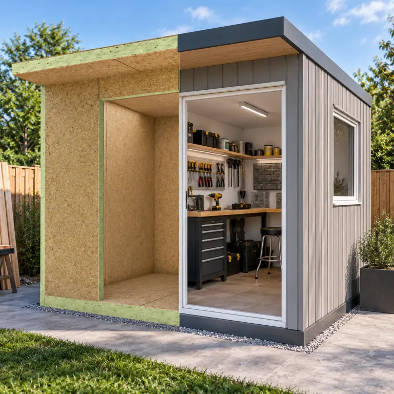 SIP garden room workshop — half SIP shell kit, half finished garden room (IRSIP Garden Room 6, 2.44m × 2.44m)