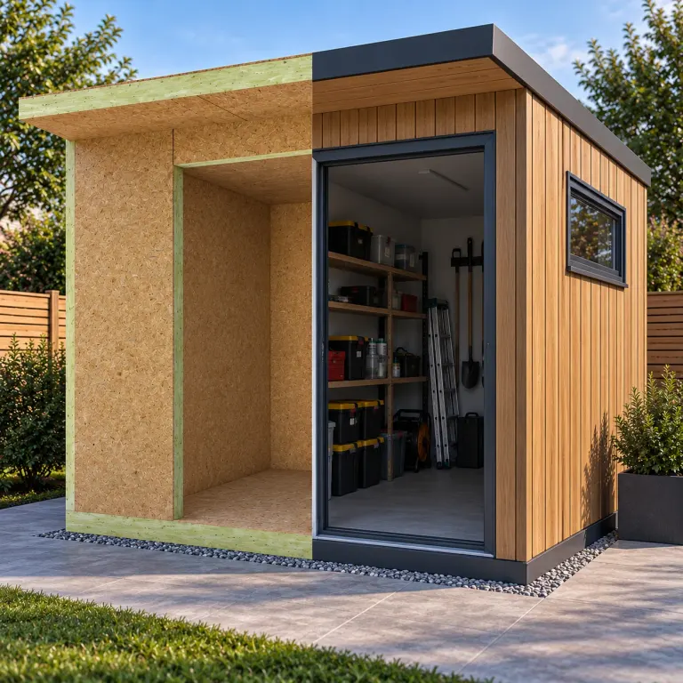 SIP garden room garden storage or bike room — half SIP shell kit, half finished garden room (IRSIP Garden Room 7, 2.70m × 2.44m)