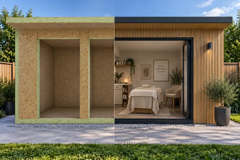 SIP garden room treatment or beauty room — half SIP shell kit, half finished garden room (IRSIP Garden Room 8, 3.66m × 2.63m)