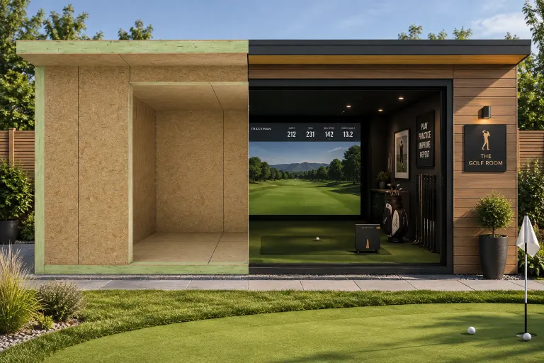 SIP garden room golf simulator room — half SIP shell kit, half finished garden room (IRSIP Garden Room 9, 4.88m × 3.85m)