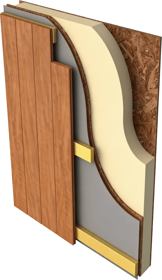 Cut-away of a SIP wall showing the insulation core bonded between OSB boards, with external cladding added